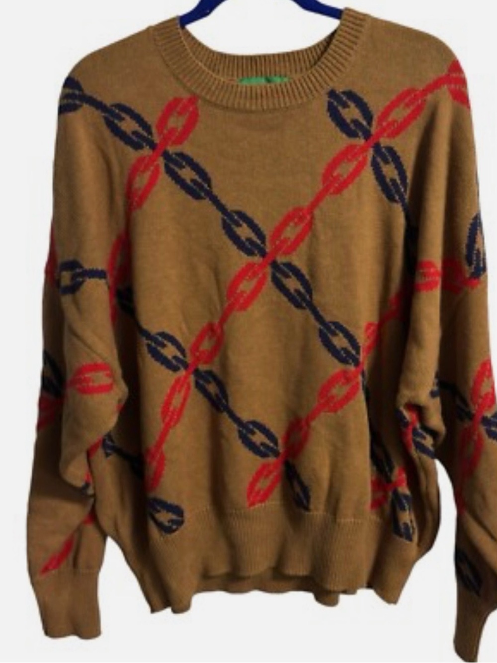 Clare V Camel Crewneck Sweater with Red & Navy Chain Motif